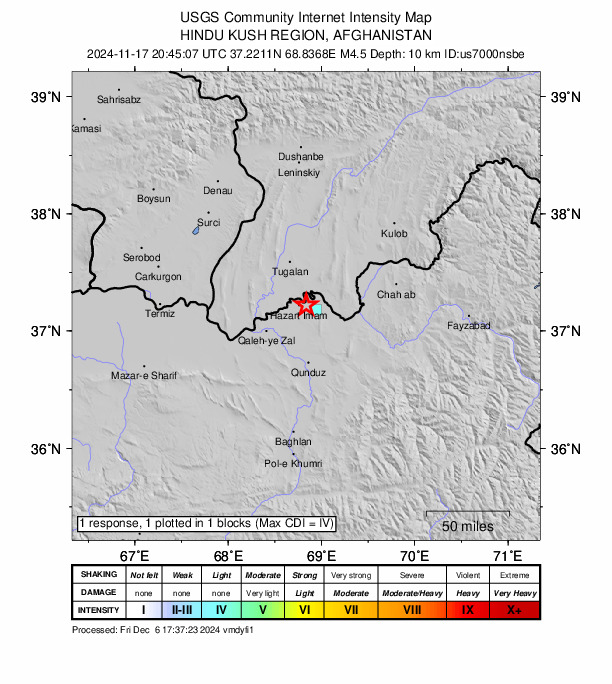 USGS DYFI community-reported intensity map for the M4.5 earthquake near 5 km E of Qarāwul, Afghanistan