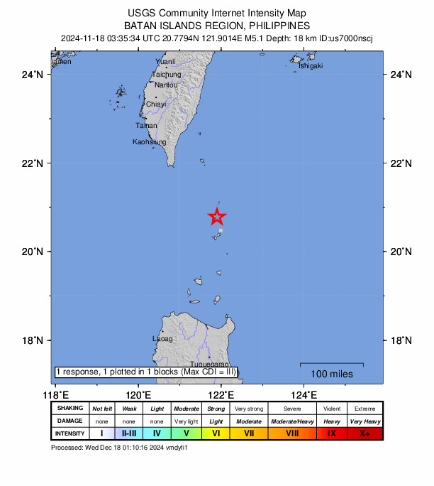 USGS DYFI community-reported intensity map for the M5.1 earthquake near 37 km N of Basco, Philippines