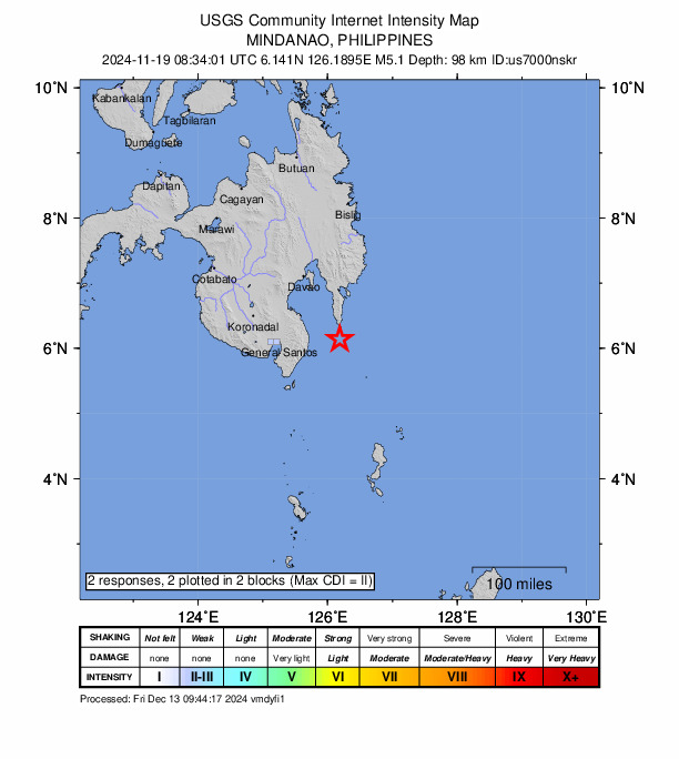 USGS DYFI community-reported intensity map for the M5.1 earthquake near 23 km S of Pondaguitan, Philippines