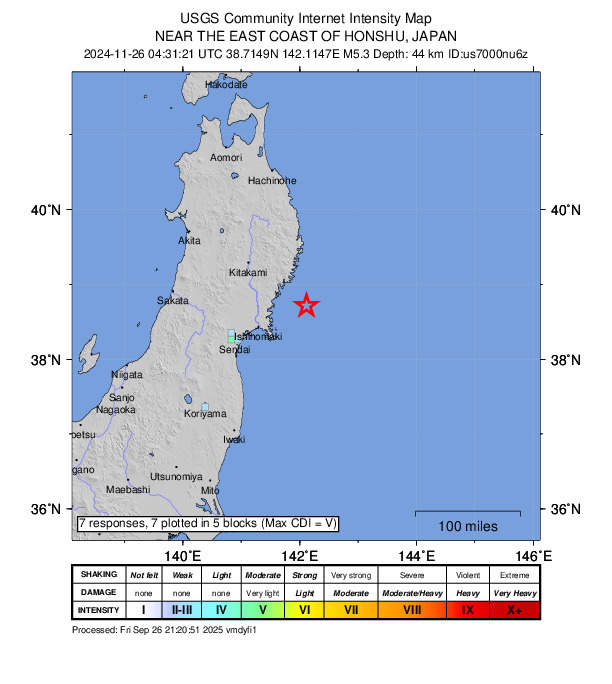 USGS DYFI community-reported intensity map for the M5.3 earthquake near 52 km SE of Ōfunato, Japan