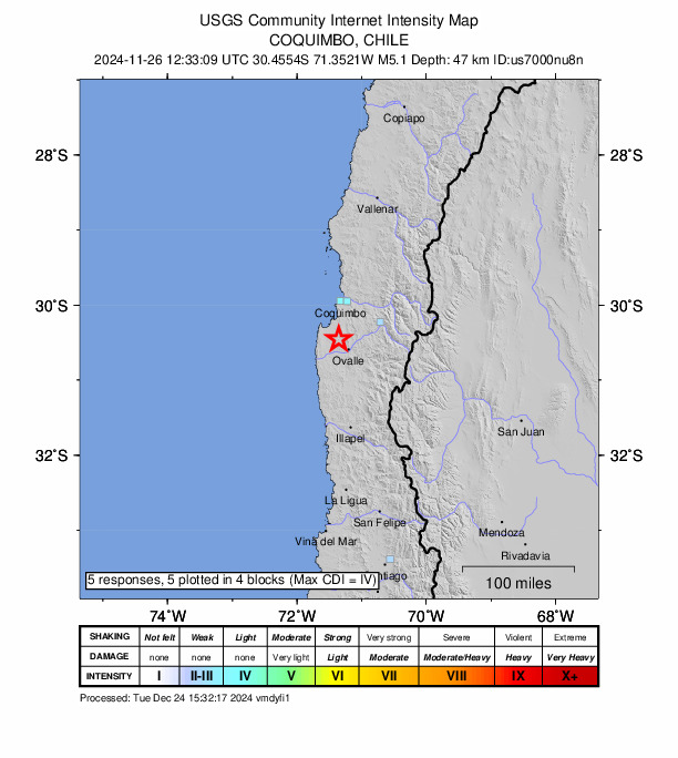 USGS DYFI community-reported intensity map for the M5.1 earthquake near 21 km NW of Ovalle, Chile