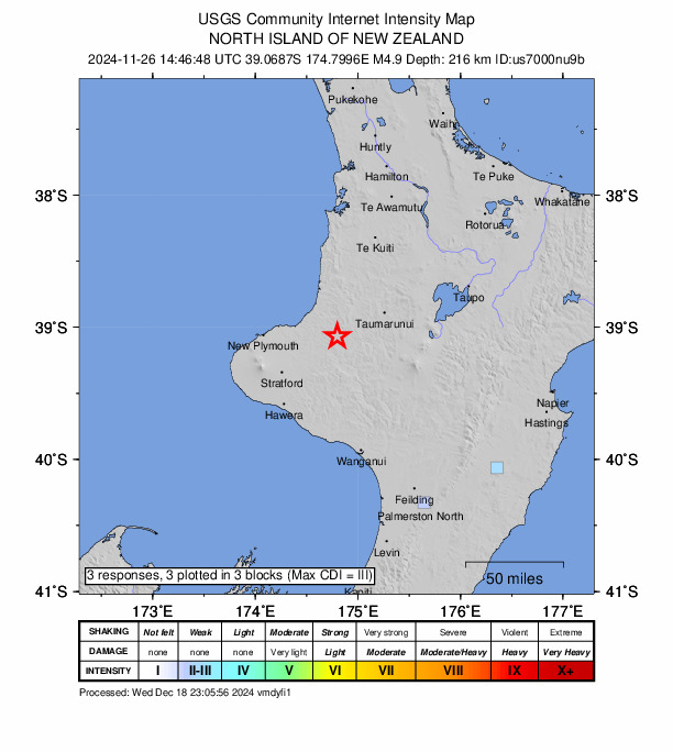 USGS DYFI community-reported intensity map for the M4.9 earthquake near 51 km NNW of Jerusalem, New Zealand