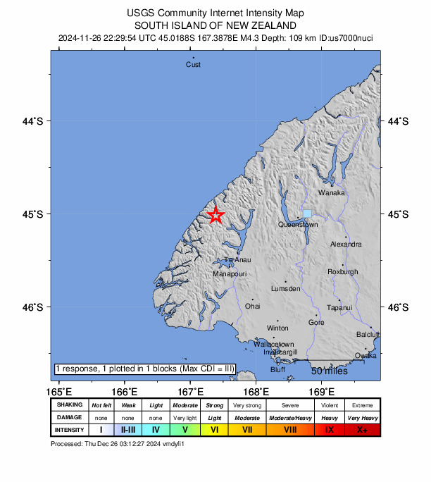 USGS DYFI community-reported intensity map for the M4.3 earthquake near 51 km NNW of Te Anau, New Zealand