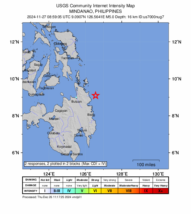 USGS DYFI community-reported intensity map for the M5.0 earthquake near 49 km ENE of Bacolod, Philippines