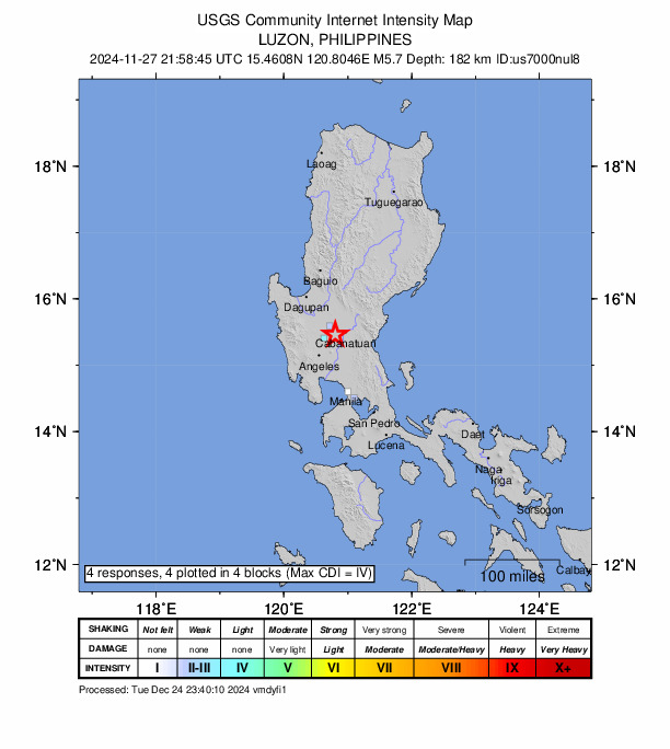 USGS DYFI community-reported intensity map for the M5.7 earthquake near 1 km NNE of Concepcion, Philippines