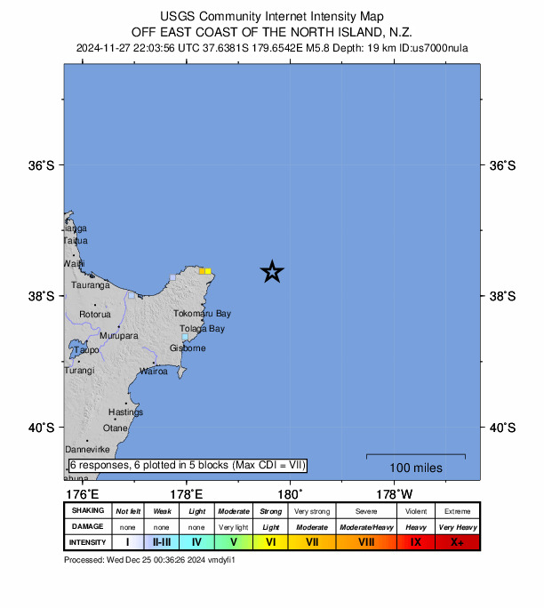 USGS DYFI community-reported intensity map for the M5.8 earthquake near 119 km E of Hicks Bay, New Zealand