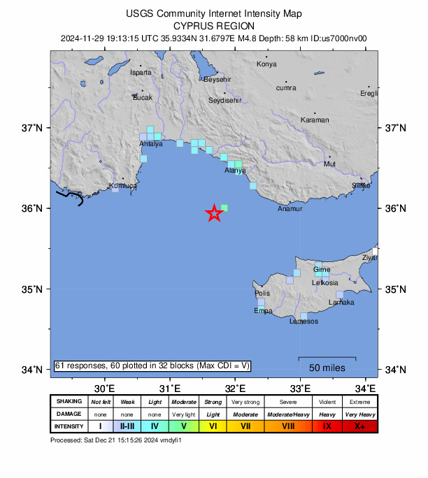 USGS DYFI community-reported intensity map for the M4.8 earthquake near 65 km WSW of Gazipaşa, Turkey