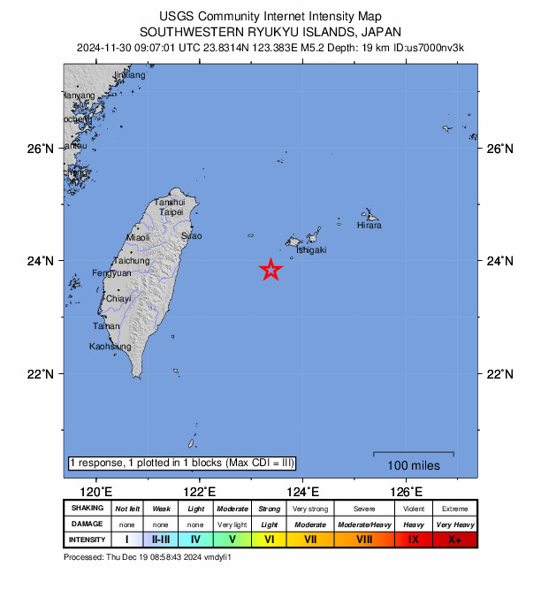 USGS DYFI community-reported intensity map for the M5.2 earthquake near 80 km SSE of Yonakuni, Japan