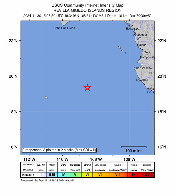 USGS DYFI community-reported intensity map for the M5.4 earthquake near Revilla Gigedo Islands region