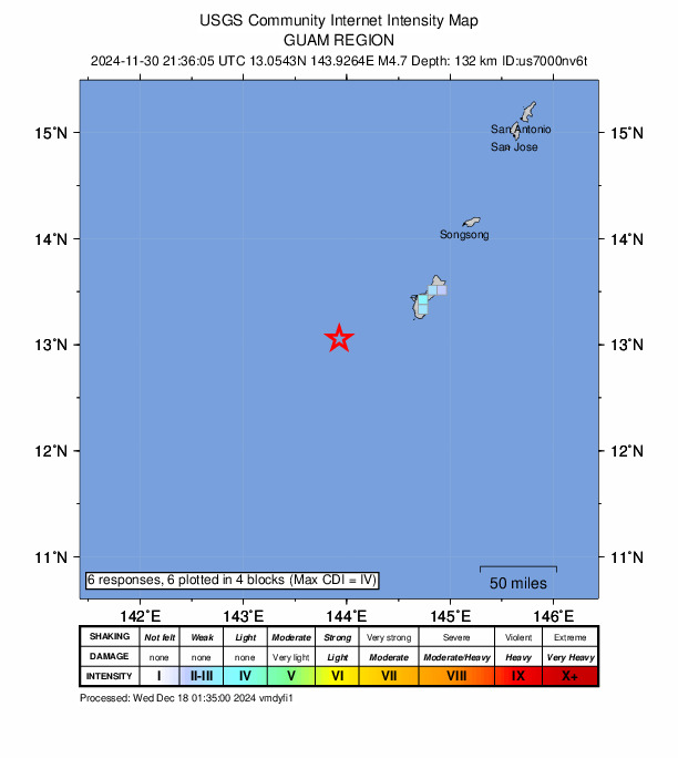 USGS DYFI community-reported intensity map for the M4.7 earthquake near 83 km WSW of Merizo Village, Guam
