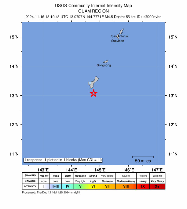 USGS DYFI community-reported intensity map for the M4.5 earthquake near 24 km SSE of Inarajan Village, Guam