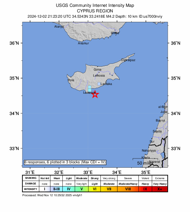 USGS DYFI community-reported intensity map for the M4.2 earthquake near 23 km SSE of Ágios Týchon, Cyprus