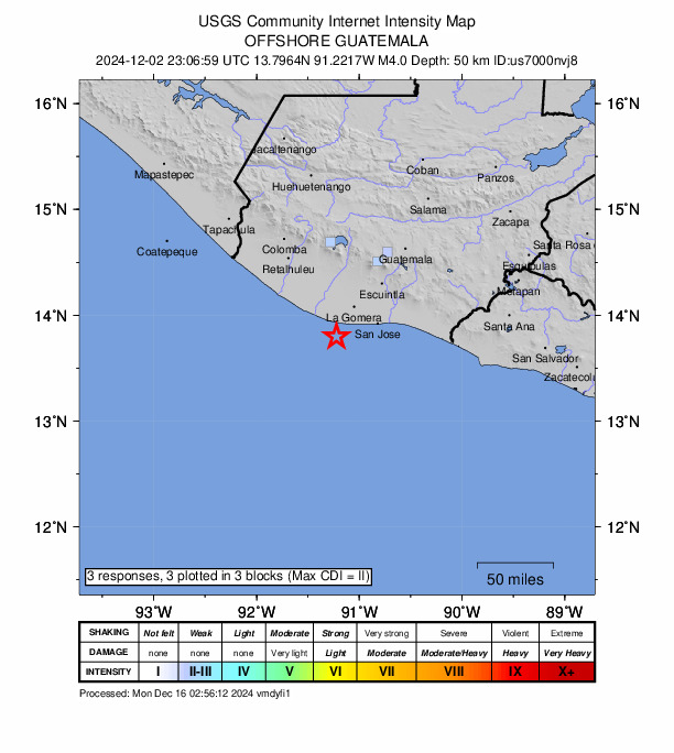 USGS DYFI community-reported intensity map for the M4.0 earthquake near 33 km SSW of La Gomera, Guatemala