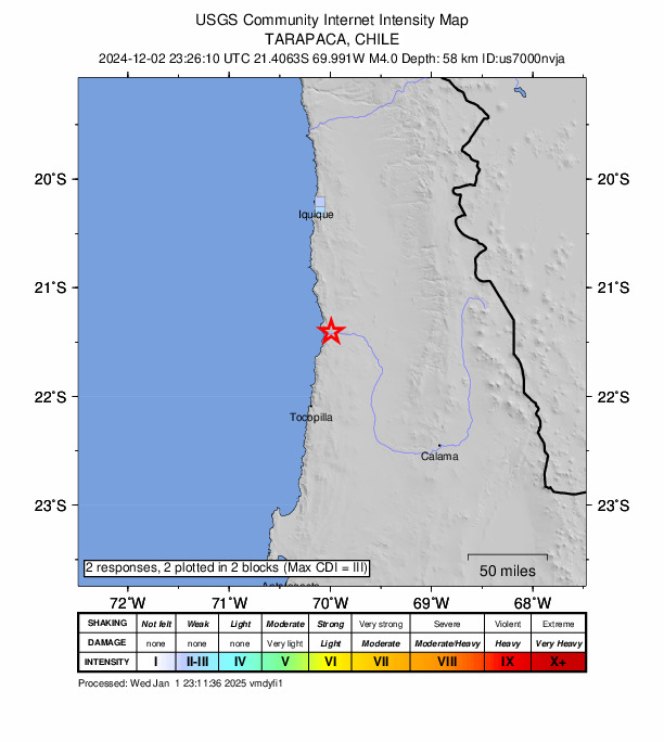 USGS DYFI community-reported intensity map for the M4.0 earthquake near 77 km NNE of Tocopilla, Chile