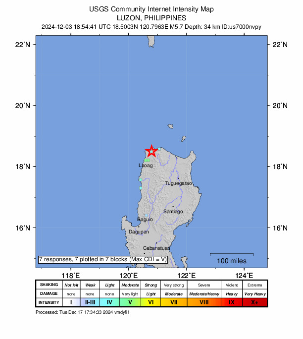 USGS DYFI community-reported intensity map for the M5.7 earthquake near 5 km SE of Bangui, Philippines