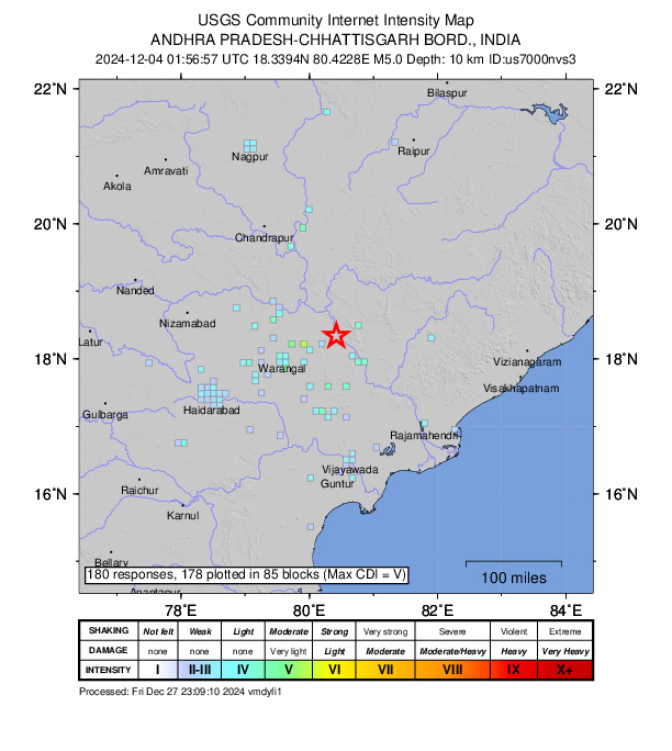 USGS DYFI community-reported intensity map for the M5.0 earthquake near 49 km NE of Mulugu, India