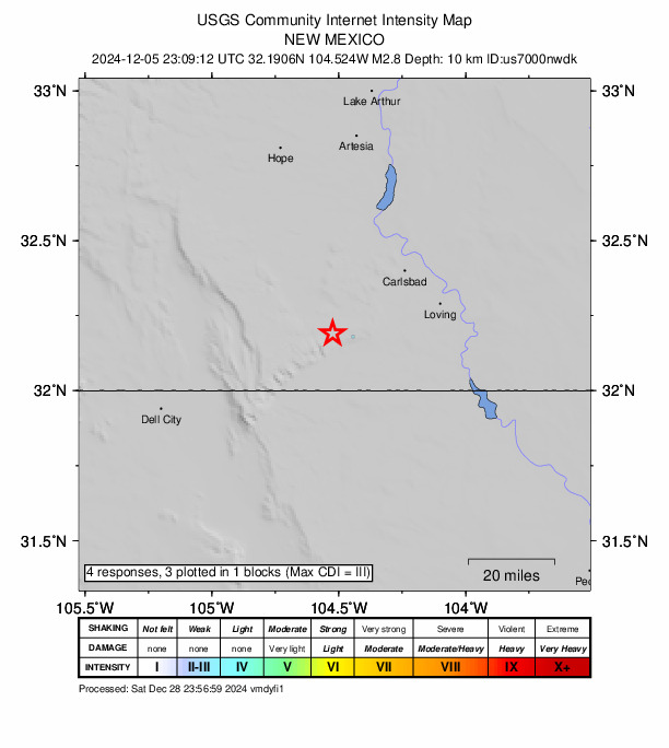 USGS DYFI community-reported intensity map for the M2.8 earthquake near 13 km W of Whites City, New Mexico