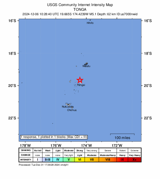 USGS DYFI community-reported intensity map for the M5.1 earthquake near 14 km NW of Fangale’ounga, Tonga