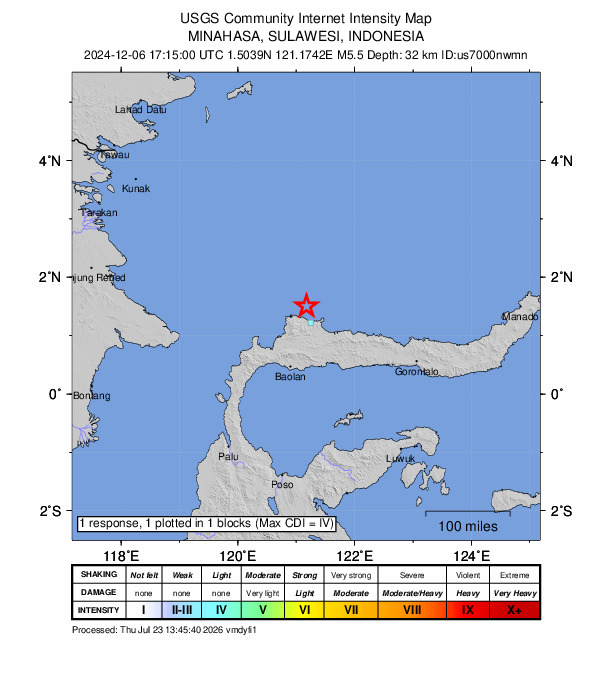 USGS DYFI community-reported intensity map for the M5.5 earthquake near 235 km WNW of Gorontalo, Indonesia