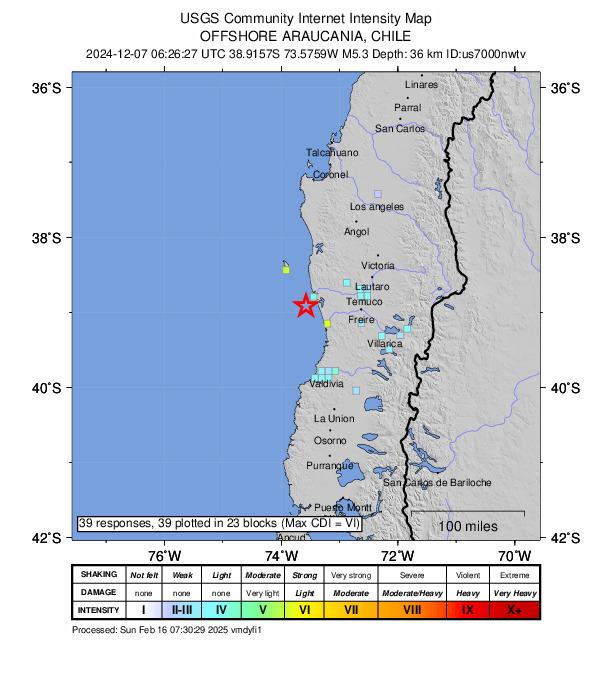 USGS DYFI community-reported intensity map for the M5.3 earthquake near 42 km WSW of Carahue, Chile