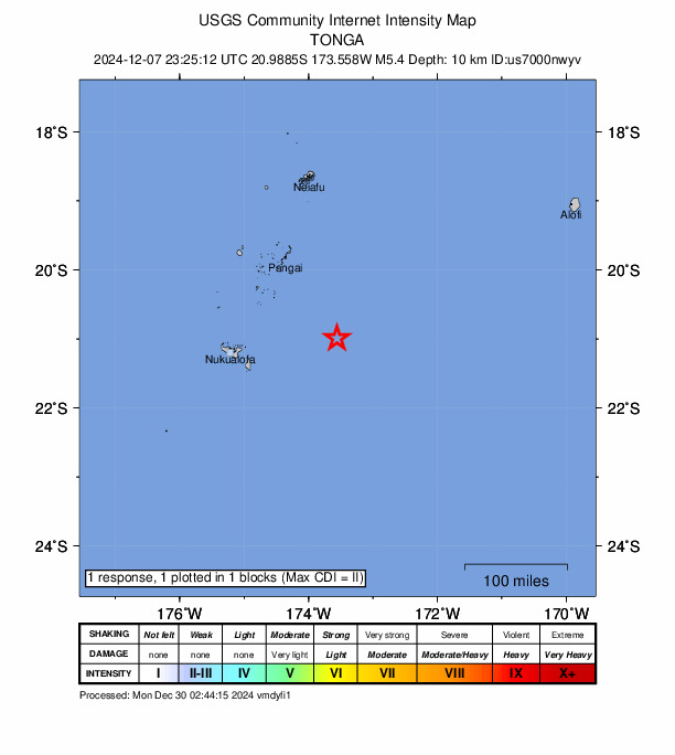 USGS DYFI community-reported intensity map for the M5.4 earthquake near 150 km ENE of ‘Ohonua, Tonga