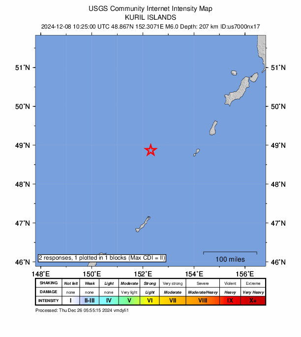 USGS DYFI community-reported intensity map for the M6.0 earthquake near Kuril Islands