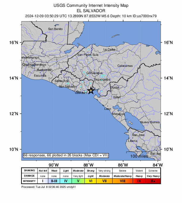 USGS DYFI community-reported intensity map for the M5.6 earthquake near 2 km SSE of Conchagua, El Salvador