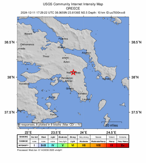 USGS DYFI community-reported intensity map for the M2.5 earthquake near 0 km SSE of Kifisiá, Greece