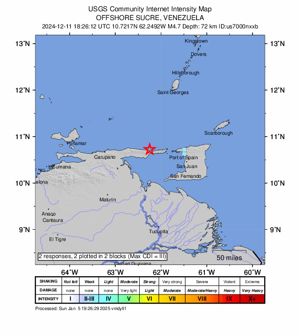 USGS DYFI community-reported intensity map for the M4.6 earthquake near 24 km NNW of Güiria, Venezuela