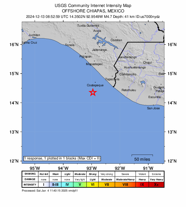 USGS DYFI community-reported intensity map for the M4.7 earthquake near 70 km SW of Puerto Madero, Mexico