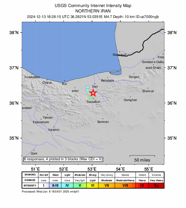 USGS DYFI community-reported intensity map for the M4.7 earthquake near 30 km S of Sari, Iran