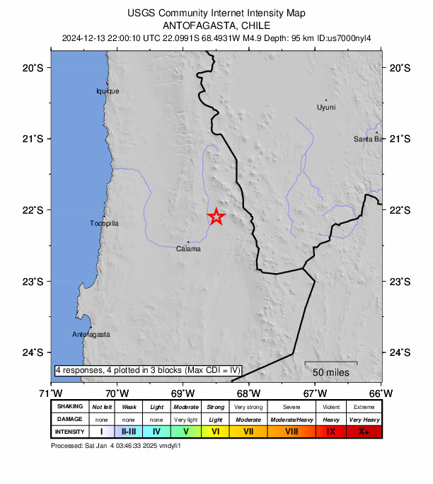 USGS DYFI community-reported intensity map for the M4.9 earthquake near 59 km NE of Calama, Chile