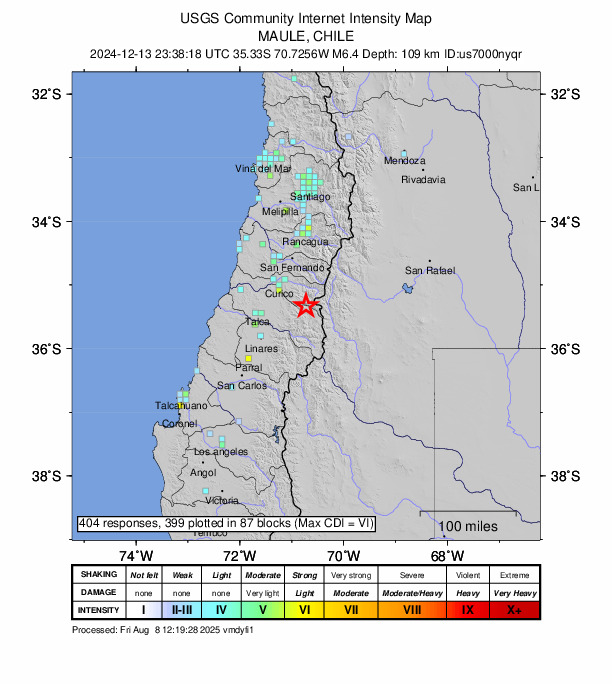 USGS DYFI community-reported intensity map for the M6.4 earthquake near 56 km ESE of Molina, Chile