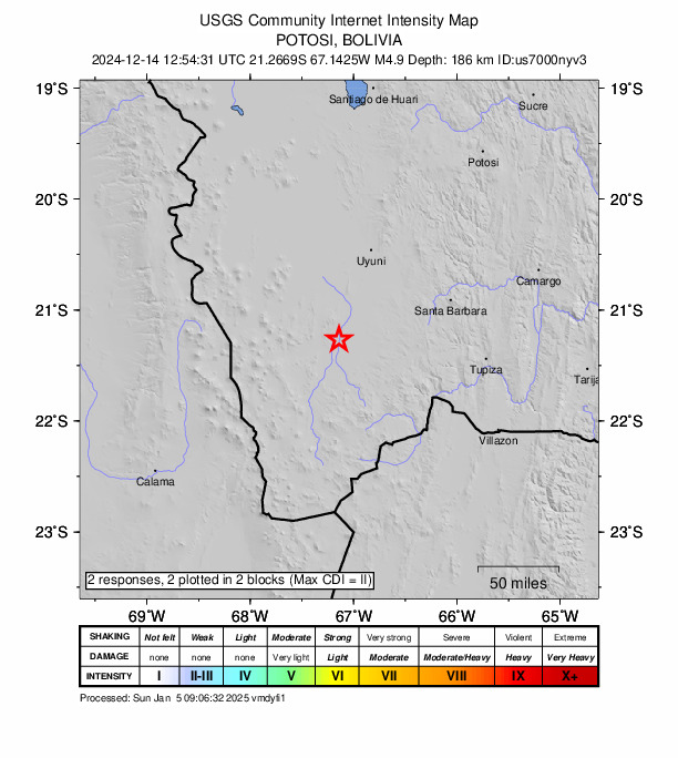 USGS DYFI community-reported intensity map for the M4.9 earthquake near 101 km SSW of Uyuni, Bolivia