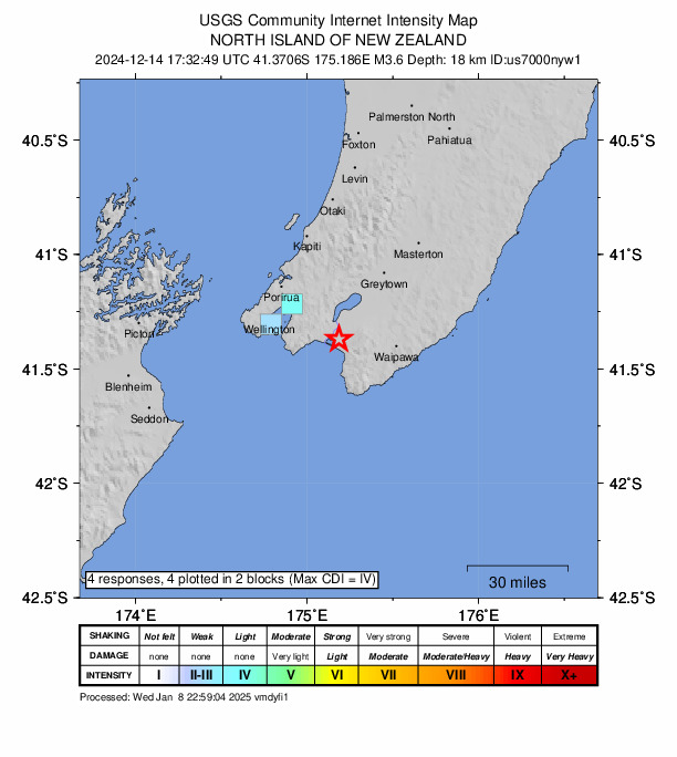 USGS DYFI community-reported intensity map for the M3.6 earthquake near 22 km ESE of Homedale, New Zealand