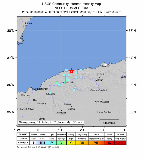USGS DYFI community-reported intensity map for the M5.0 earthquake near 17 km ENE of Sidi Akkacha, Algeria