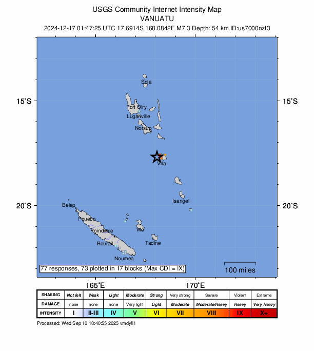 USGS DYFI community-reported intensity map for the M7.3 earthquake near 24 km WNW of Port-Vila, Vanuatu