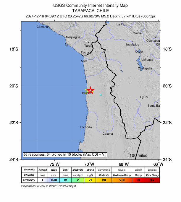 USGS DYFI community-reported intensity map for the M5.2 earthquake near 13 km W of Pozo Almonte, Chile