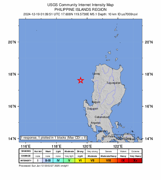 USGS DYFI community-reported intensity map for the M5.1 earthquake near 83 km W of Cabittaogan, Philippines