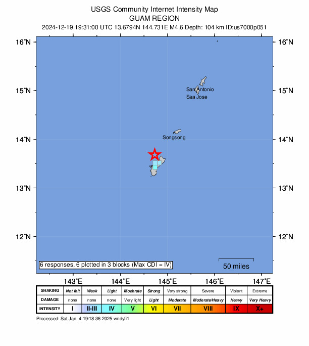 USGS DYFI community-reported intensity map for the M4.6 earthquake near 23 km NNW of Dededo Village, Guam