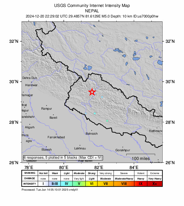 USGS DYFI community-reported intensity map for the M5.0 earthquake near 60 km WNW of Jumla, Nepal
