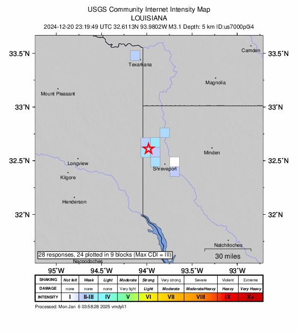 USGS DYFI community-reported intensity map for the M3.1 earthquake near 7 km S of Mooringsport, Louisiana