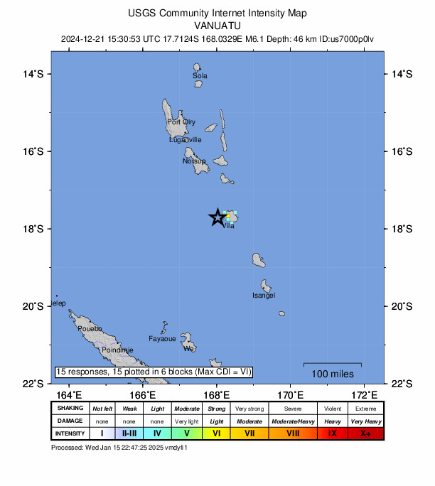USGS DYFI community-reported intensity map for the M6.1 earthquake near 33 km W of Port-Vila, Vanuatu