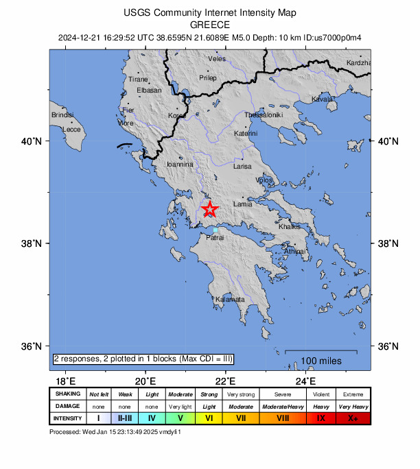 USGS DYFI community-reported intensity map for the M5.0 earthquake near 9 km ENE of Paravóla, Greece