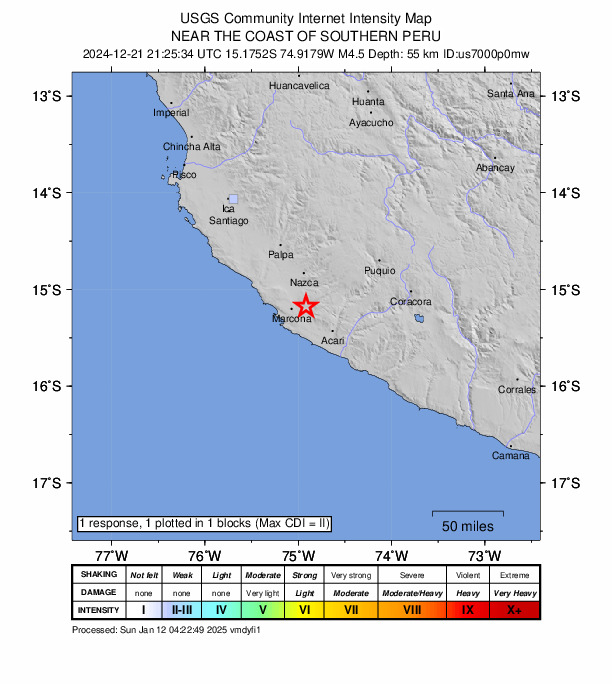 USGS DYFI community-reported intensity map for the M4.5 earthquake near 21 km E of Minas de Marcona, Peru