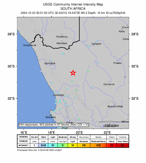 USGS DYFI community-reported intensity map for the M5.2 earthquake near 89 km W of Brandvlei, South Africa