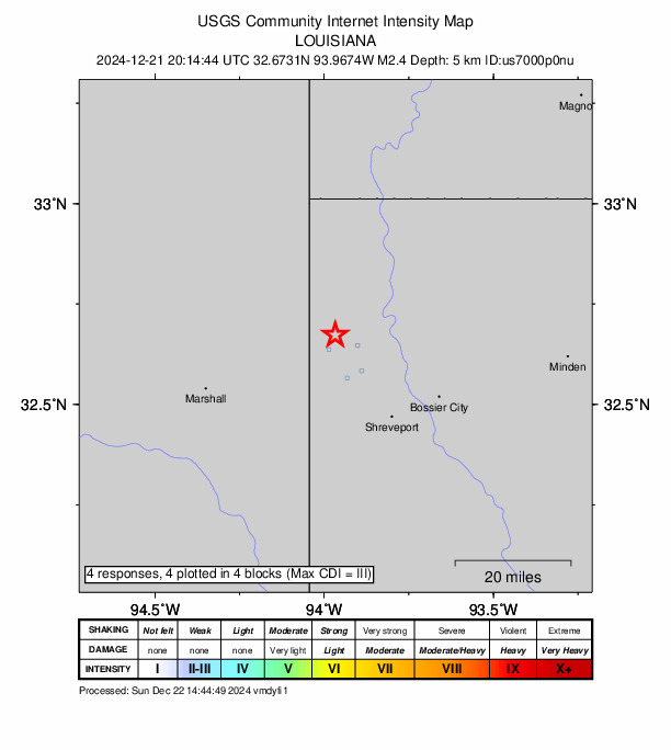 USGS DYFI community-reported intensity map for the M2.4 earthquake near 1 km SSW of Mooringsport, Louisiana