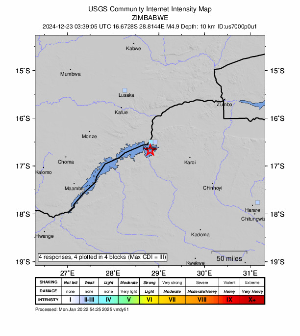 USGS DYFI community-reported intensity map for the M4.9 earthquake near 17 km S of Kariba, Zimbabwe