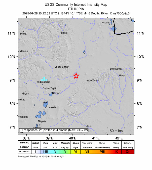 USGS DYFI community-reported intensity map for the M4.5 earthquake near 22 km N of Āwash, Ethiopia