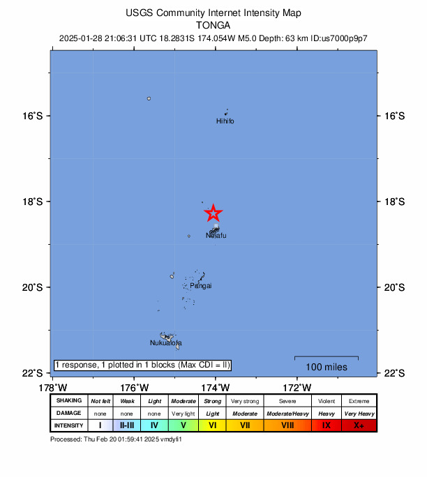 USGS DYFI community-reported intensity map for the M5.0 earthquake near 13 km N of Neiafu, Tonga